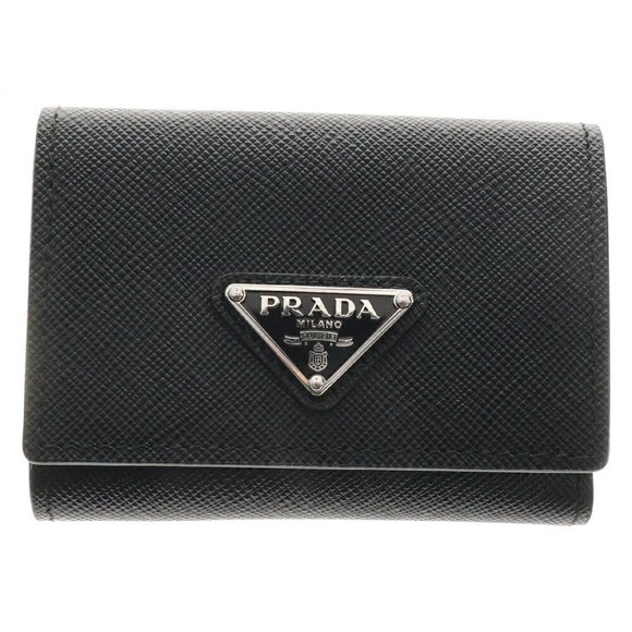Prada Saffiano Triangle Trifold Wallet Black - Picture 1 of 5